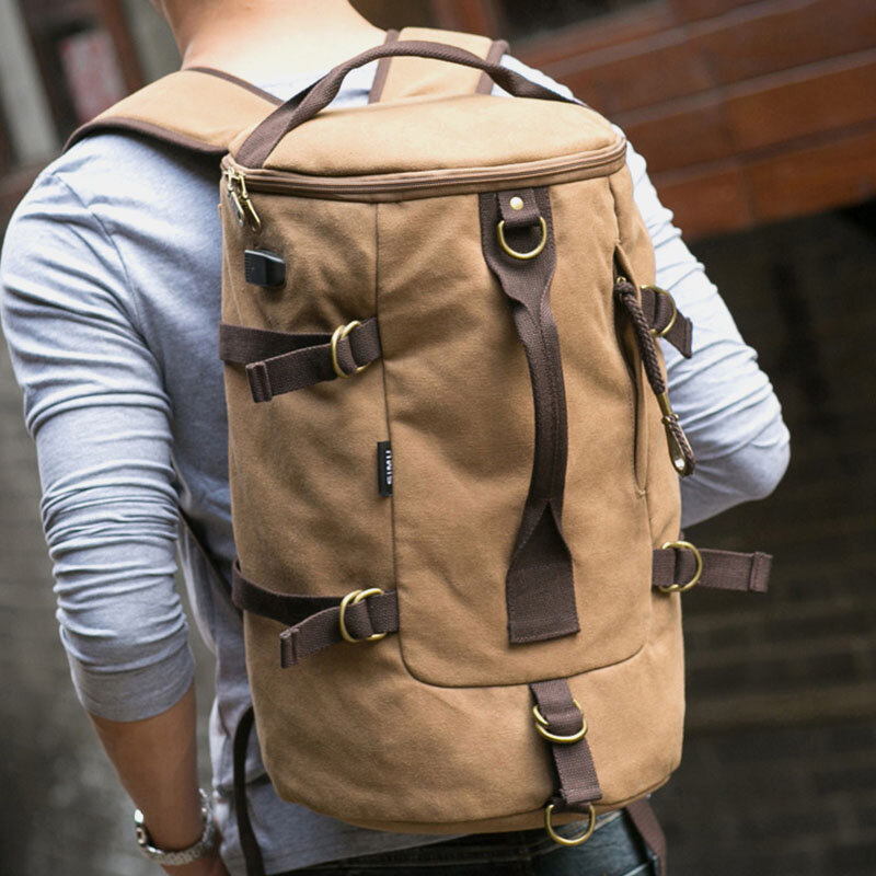 Men Canvas Travel Backpack Multi-function With USB Charging Handbag Shoulder Bag Cross Body Bag