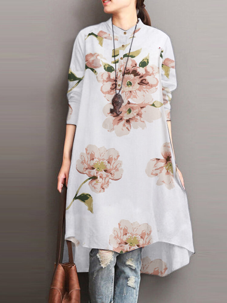 Halflange jurk met losse opstaande kraag en bloemenprint