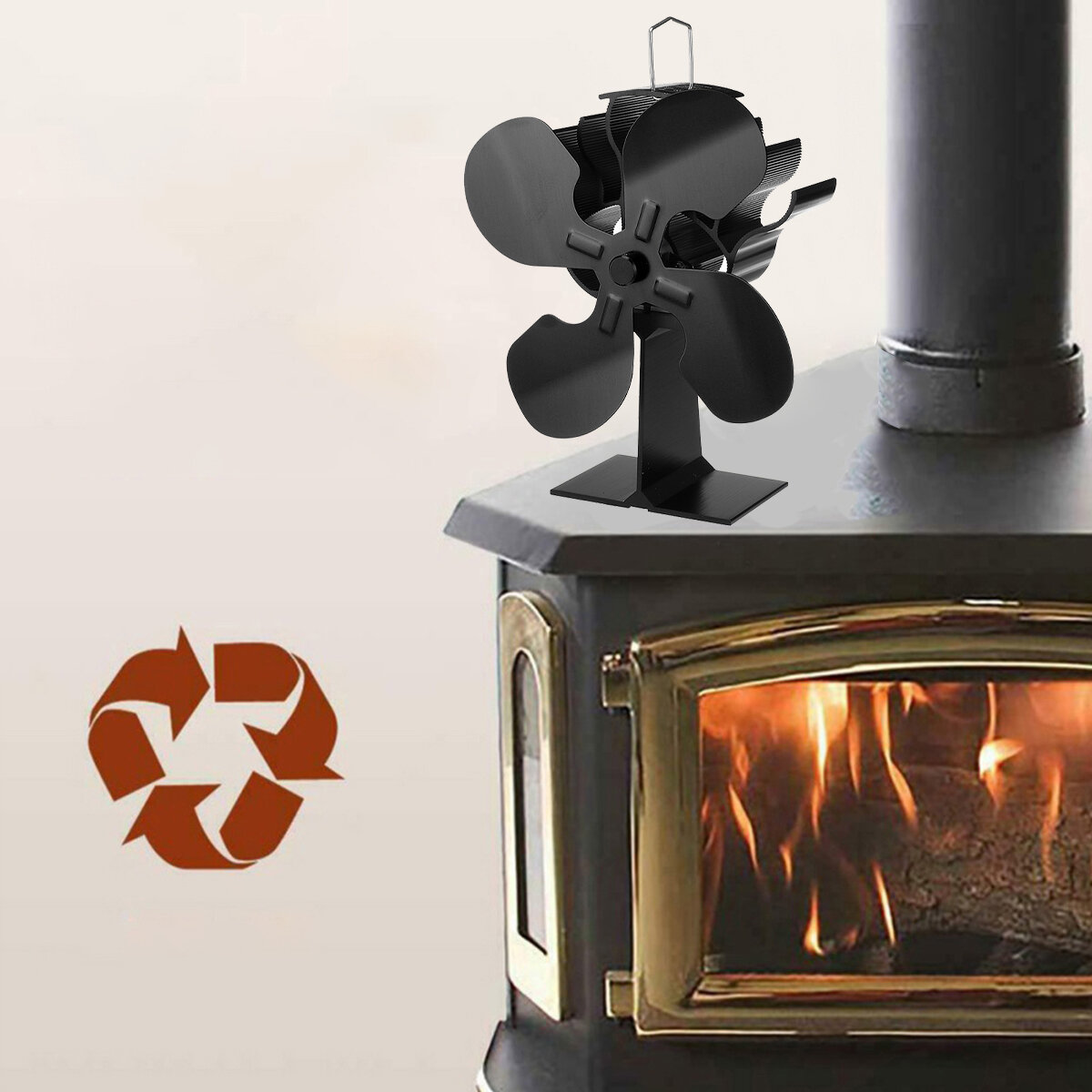 IPRee® Ventilador de estufa de madera autónomo de 4 hojas para chimenea y estufa de leña para hogar y viajes.
