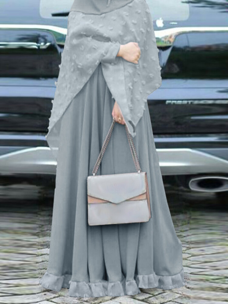 Women Abaya?Kaftan Ruffles Hem Lace Patchwork Retro Ankle Length Maxi Dress