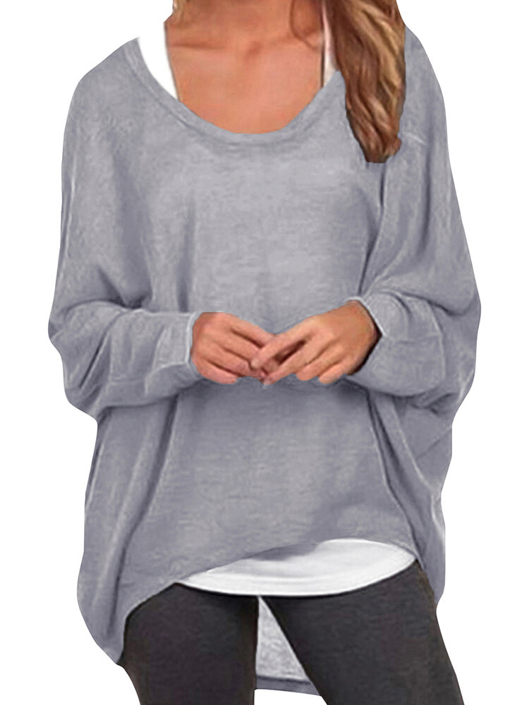 Womens Bat Sleeve Round Neck Loose Solid Color Pullover Plus Size Casual Shirt T-shirt