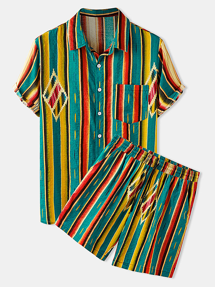 

Banggood Design Cotton Colorful Stripe Lane Print Breathable Casual Elastic Waist Shorts Short Sleeve Shirts Sets