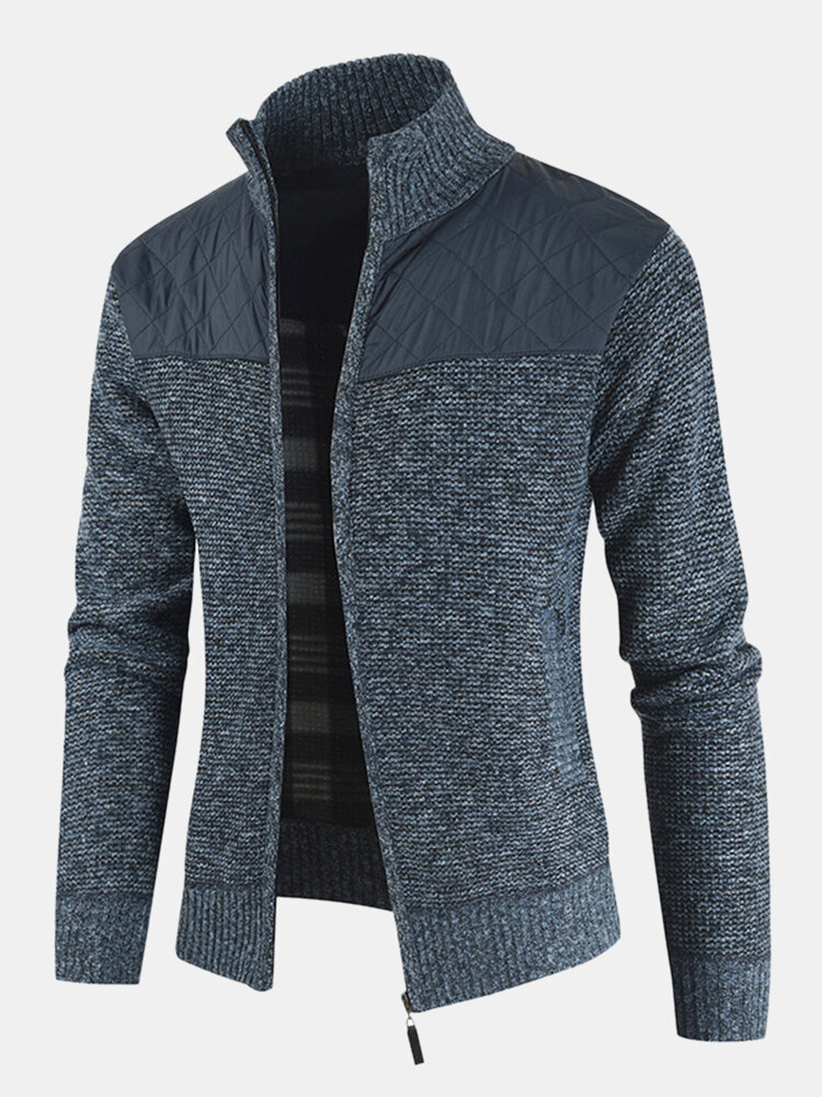 Mens patchwork zip front stand collar knit casual cardigans with pocket ...