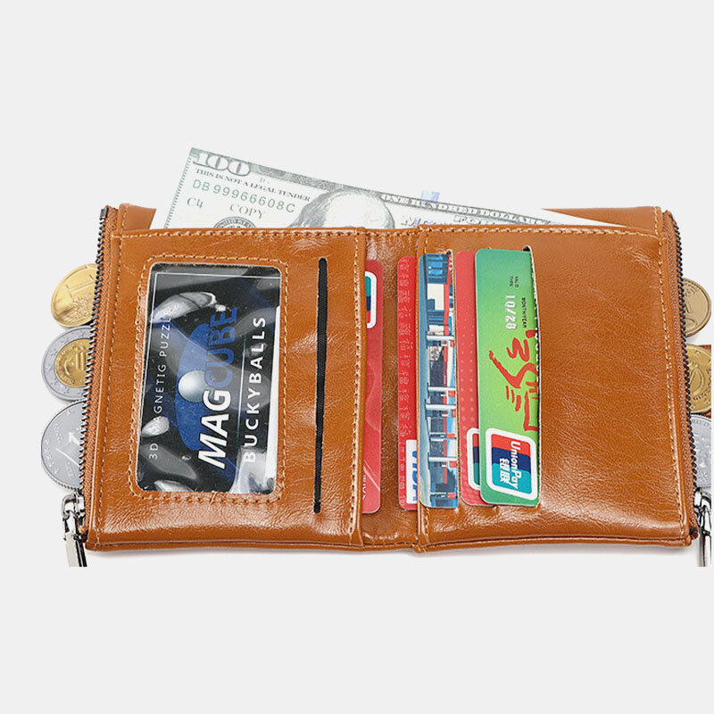Dames RFID Anti-diefstal 6 kaartsleuven Oil Wax Bifold Wallet Purse