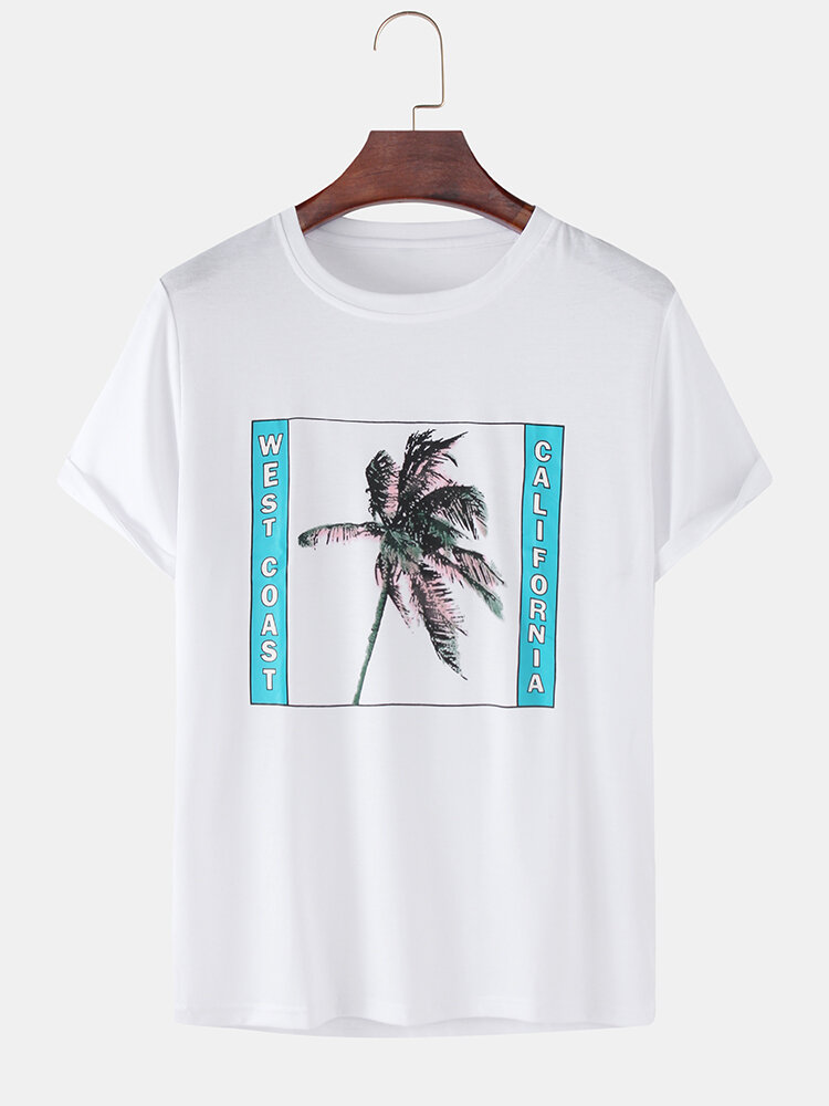 100 Cotton Coconut Tree Print Loose Short Sleeve T Shirts