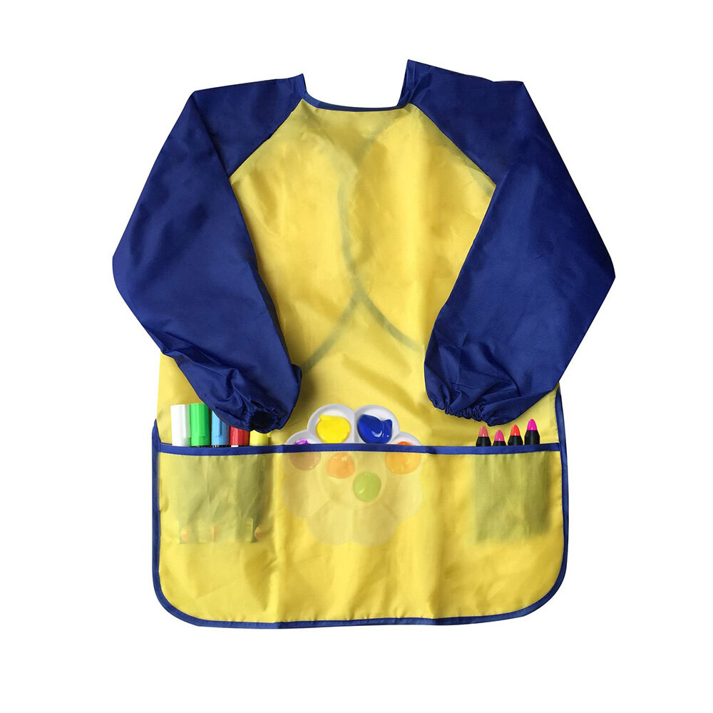 Children Waterproof Artist Painting Aprons Long Sleeve with 3 Pockets Baby Painting Eating Bib Suppl