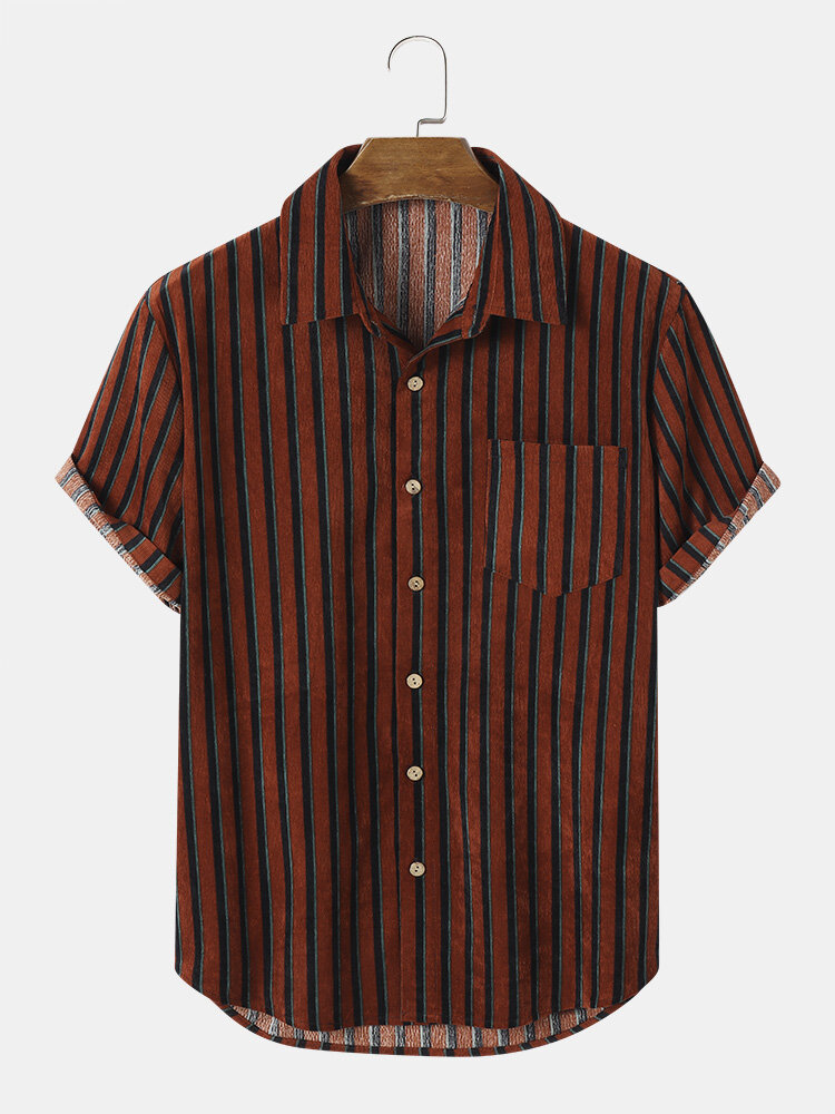 

Mens Vertical Striped Chest Pocket Corduroy Short Sleeve Shirts