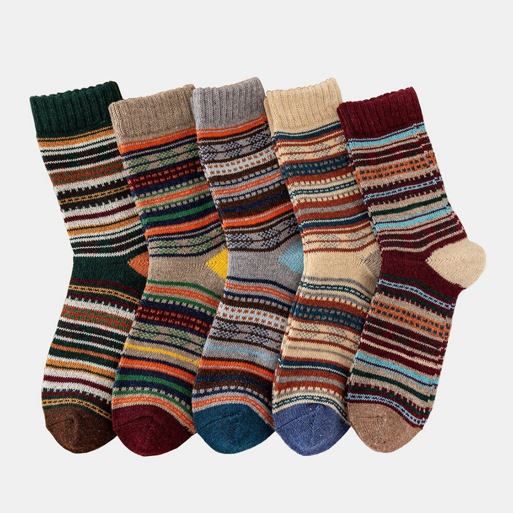 5 paar heren konijnenbont wol mix geometrische gestreepte jacquard kleur-match dikker warmte sokken
