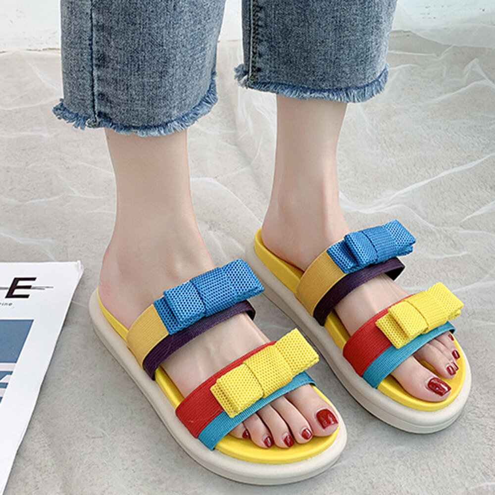 Women Casual Bowknot Thick Sole Outdoor Stripe Slippers