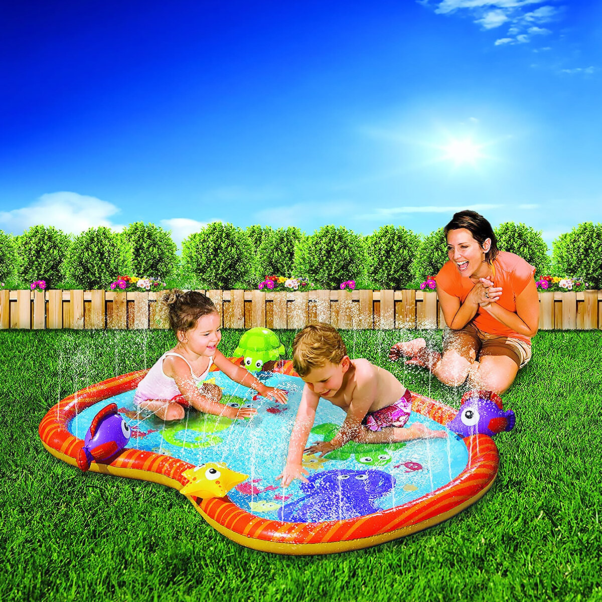 140x97x7cm Big 3D Sea Fish Starfish Turtle Doll Kids Inflatable Splash Pool Water Pond Shape Spray Pad Sprinkler Mat Kids Outdoor Play Fun Toy