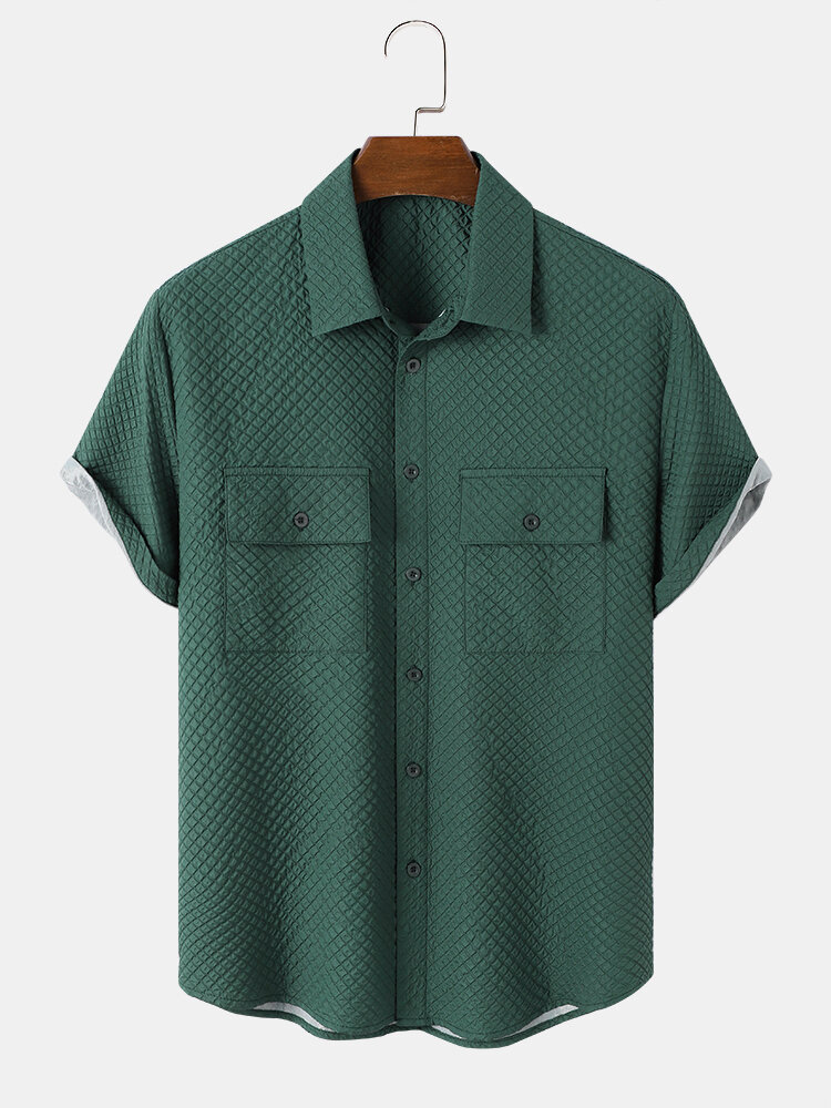 

Мужские однотонные рубашки с коротким рукавом с текстурой из сирсакера и карманом с клапаном
