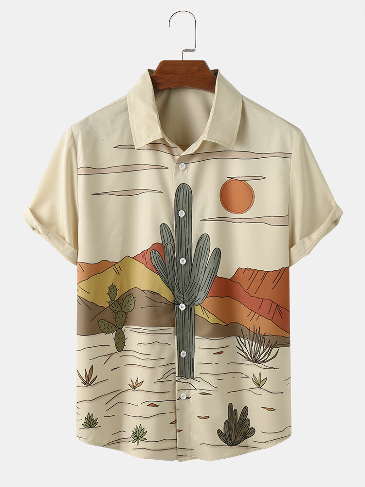 Camicie da uomo a maniche corte con stampa di piante tropicali con stampa di paesaggi del deserto di cactus