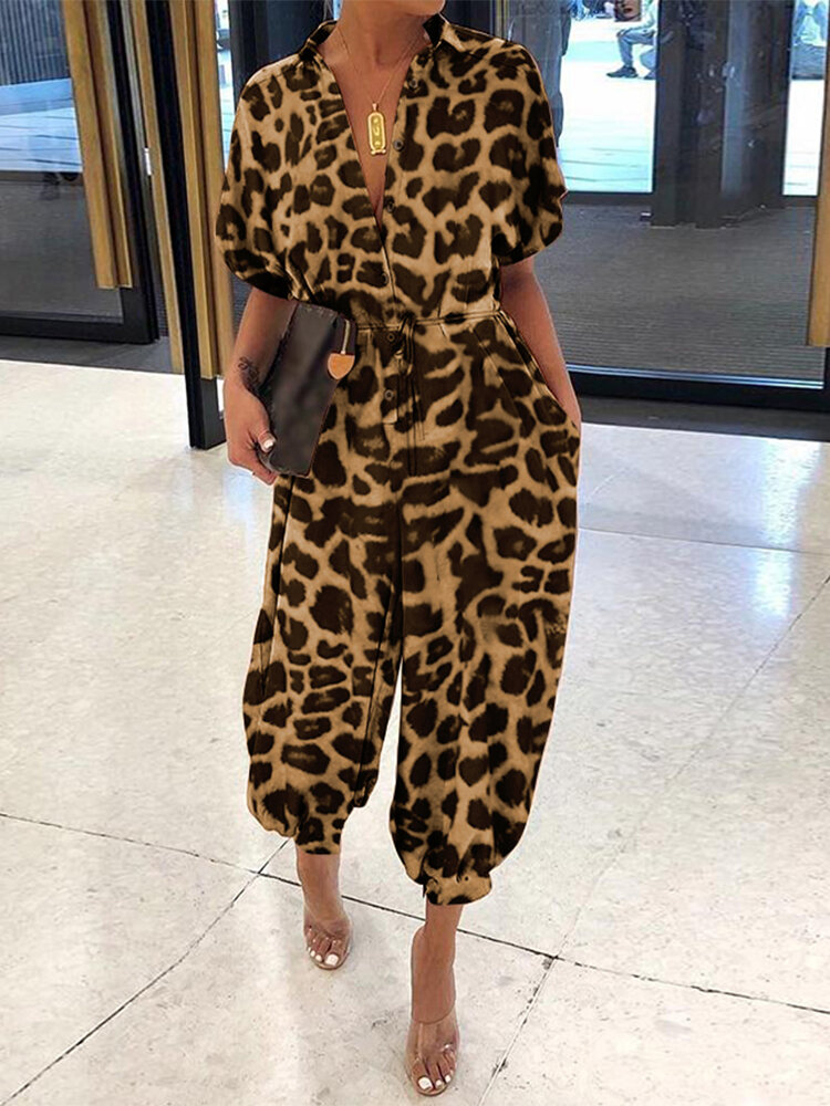 Women Casual Loose Commute Pocket Leopard Print Short Sleeve Jumpsuit