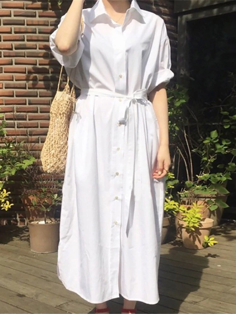 Solid color long sleeve lapel knotted maxi shirt dress