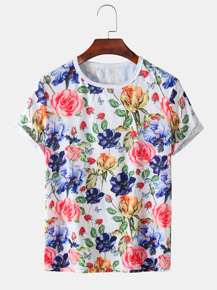 Mens Rose Floral Print Holiday Casual Short Sleeve T-Shirts