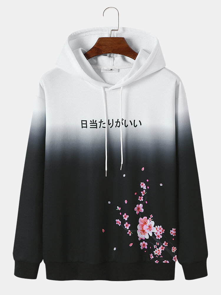 Mens Sakuras Ombre Color Letter Long Sleeve Hooded Sweatshirts