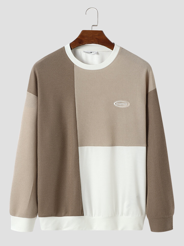 Mens Letter Patch Color Block Round Neck Long Sleeve Sweatshirts