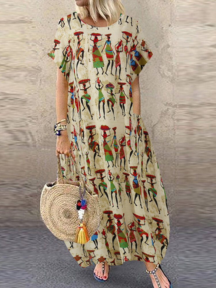 Vrouwen etnische stijl figuur print ronde hals korte mouw losse baggy maxi jurken