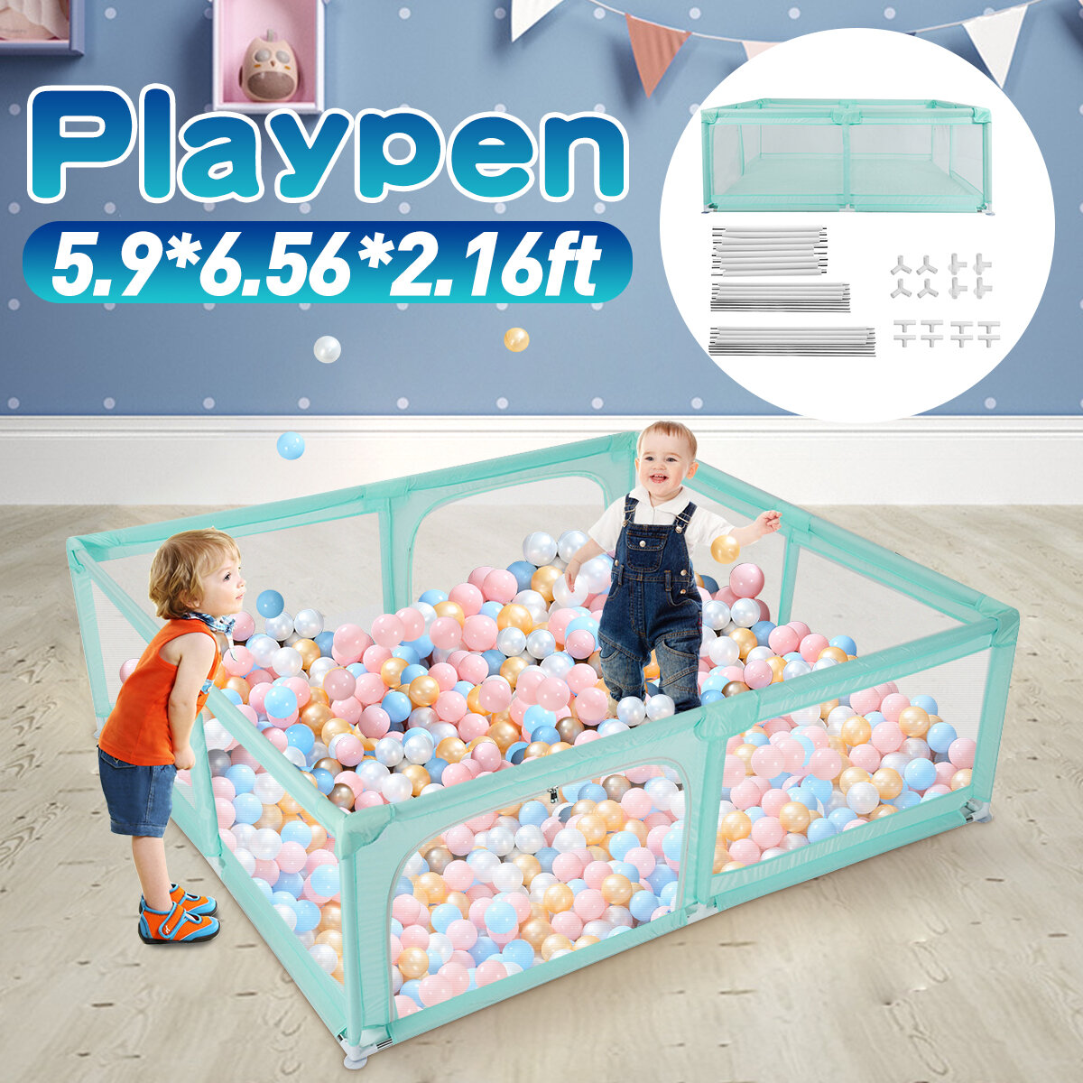 2.0X2.0M Baby Playpen Extra Large Play Yard Indoor Outdoor Kids Activity Center &Gate