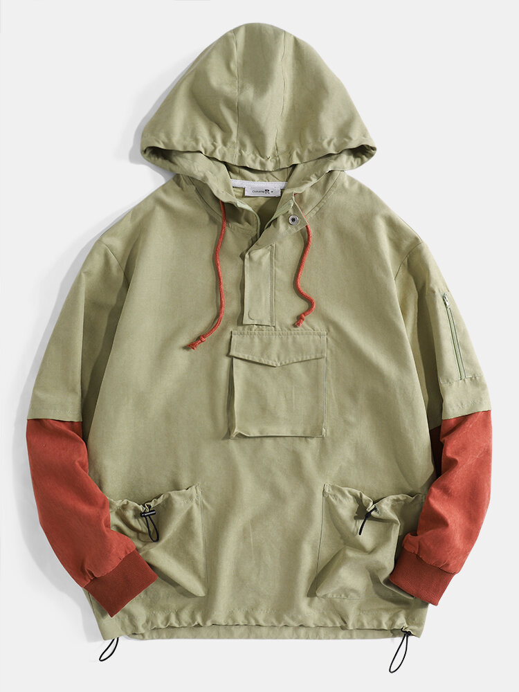 

Mens Pockets Detail Contrast Color Half Zipper Hoodie Portable Windbreaker Jacket