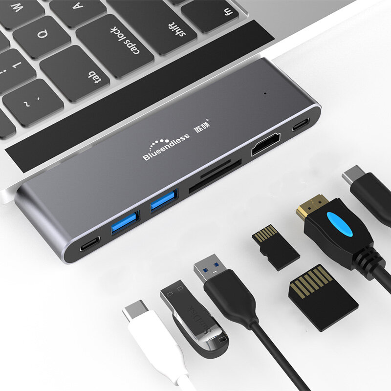 

Blueendless 7 In 1 Dual USB-C Hub Adapter With 2 * USB 3.0 / 80W Type-C PD 8K 60HZ Video Output 40Gbps Data Transmission