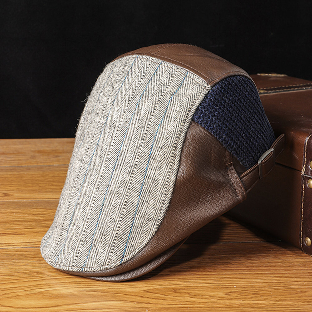 Banggood Design Men Knit Leather Contrast Color Adjustable Stripe Pattern Casual Outdoor Beret Hat