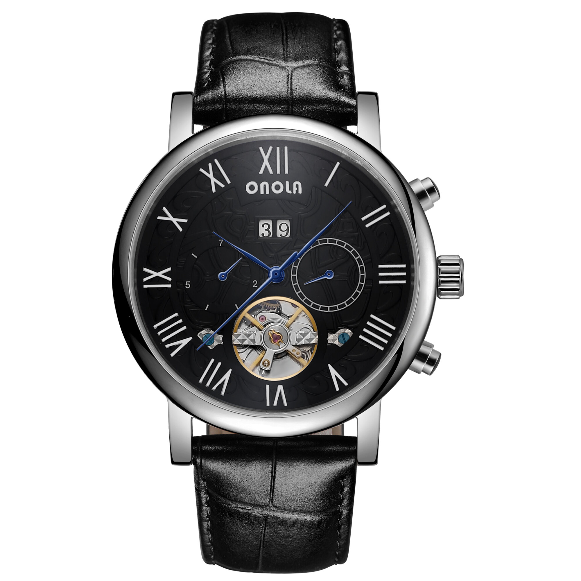 

ONOLA ON6804 модные мужские автоматические часы с датой Дисплей многофункциональный кожаный ремешок бизнес Механический