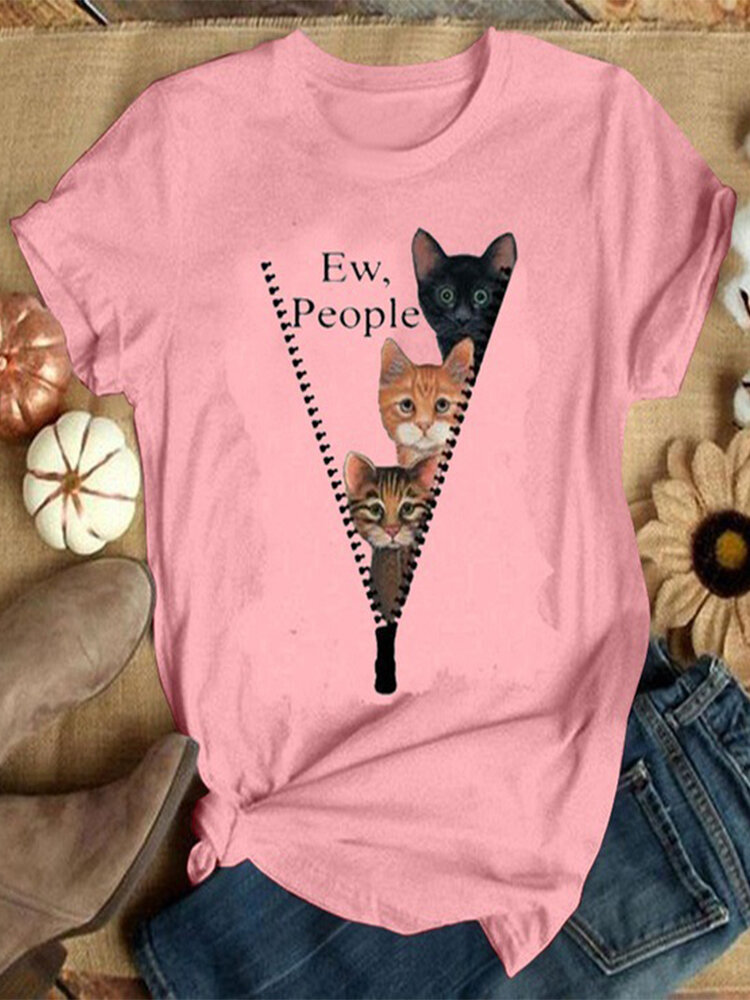 Women Cute Cartoon Cat Letter Print O-Neck Casual Short Sleeve T-Shirts