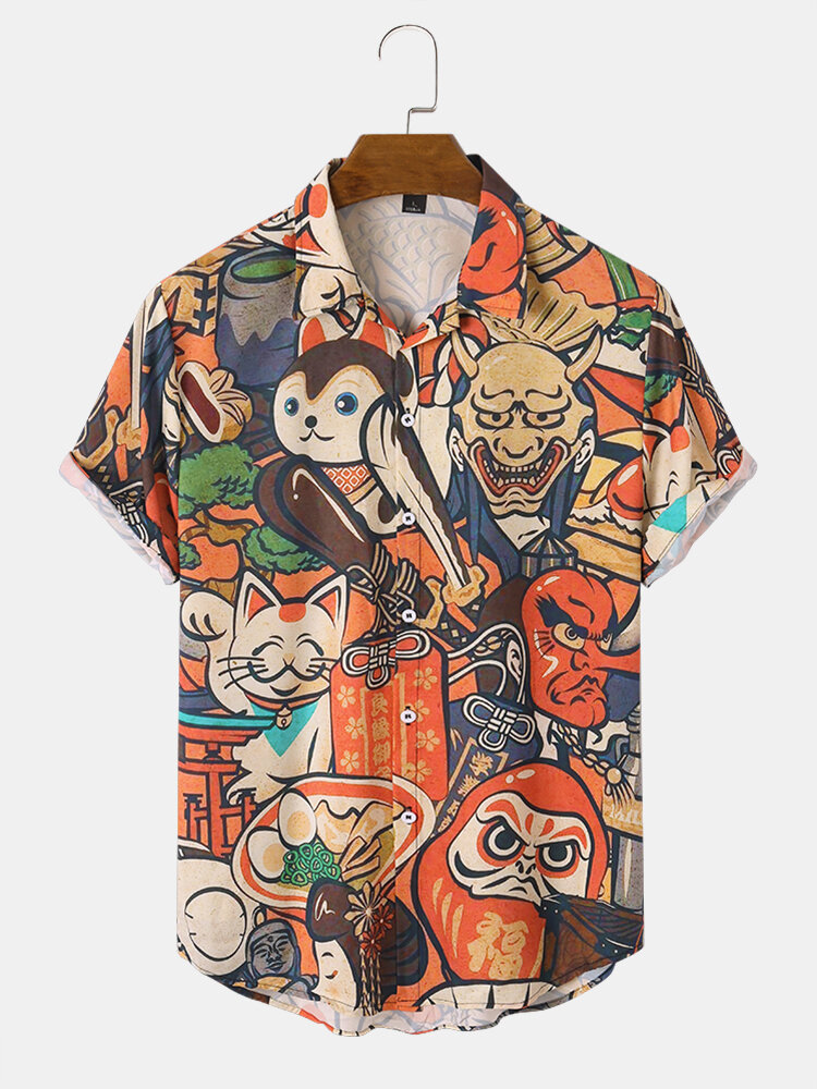Mannen Japanse stijl Cartoon Print Casual revers shirts met korte mouwen