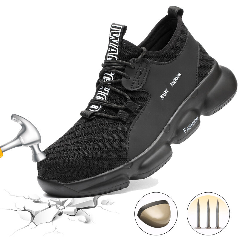 Chaussures de sécurité unisexes avec embout en acier, résistantes à la perforation, respirantes avec une tige en maille, semelle antidérapante pour la course, la marche, la randonnée et le camping.