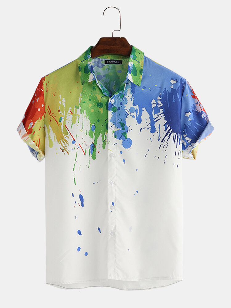 Mens Splash inkt aquarel print korte mouw Beach Party Business casual shirts