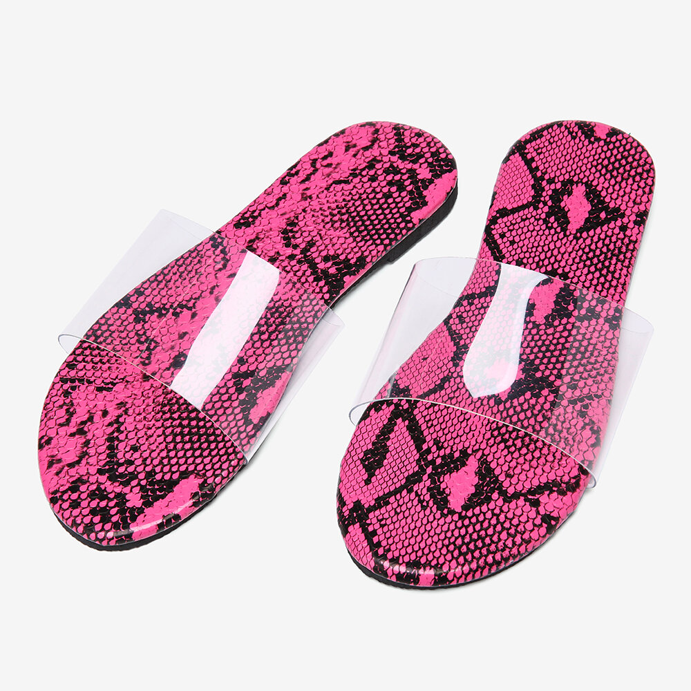 Women Snakeskin Printed Transparent Belt Flat Sandals