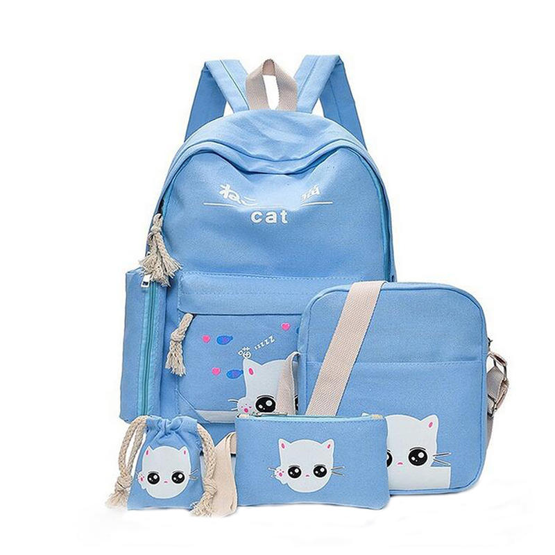 5Pcs / set Canvas Backpack Cat Large Capacity School Bags campeggio Borsa da viaggio multifunzionale