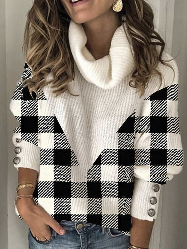 Women High Neck Plaid Patchwork Lantern Sleeves Plus Size Casual Sweater