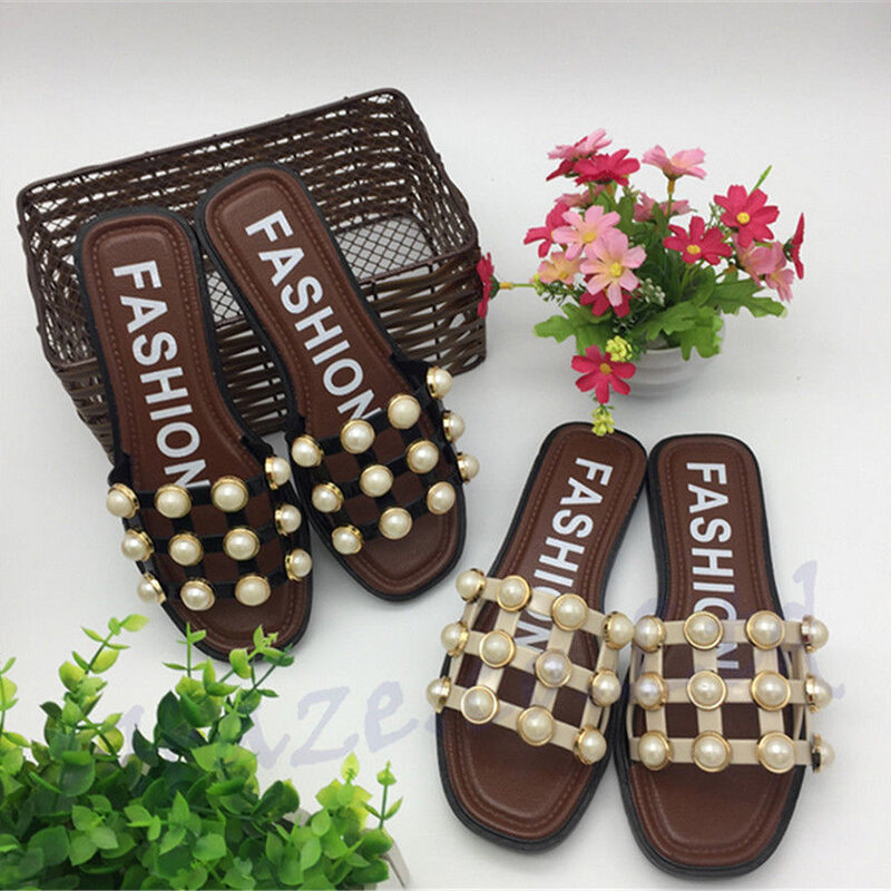 Summer Women Studded Pearl Strappy Sandals Gladiator Roman Casual Beach Sexy Party Flip Flops Slippe