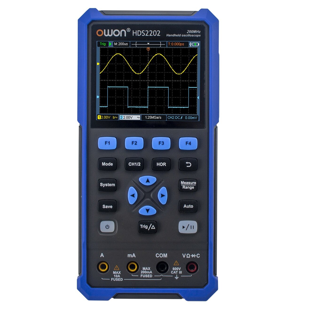 OWON 2CH Handheld Oscilloscope 200MHz Bandwidth 20000 Counts Multimeter OSC + DMM + Waveform Generator 3 in 1 Suitable for Automobile Maintenance and Power Detection HDS2202 HDS2202S