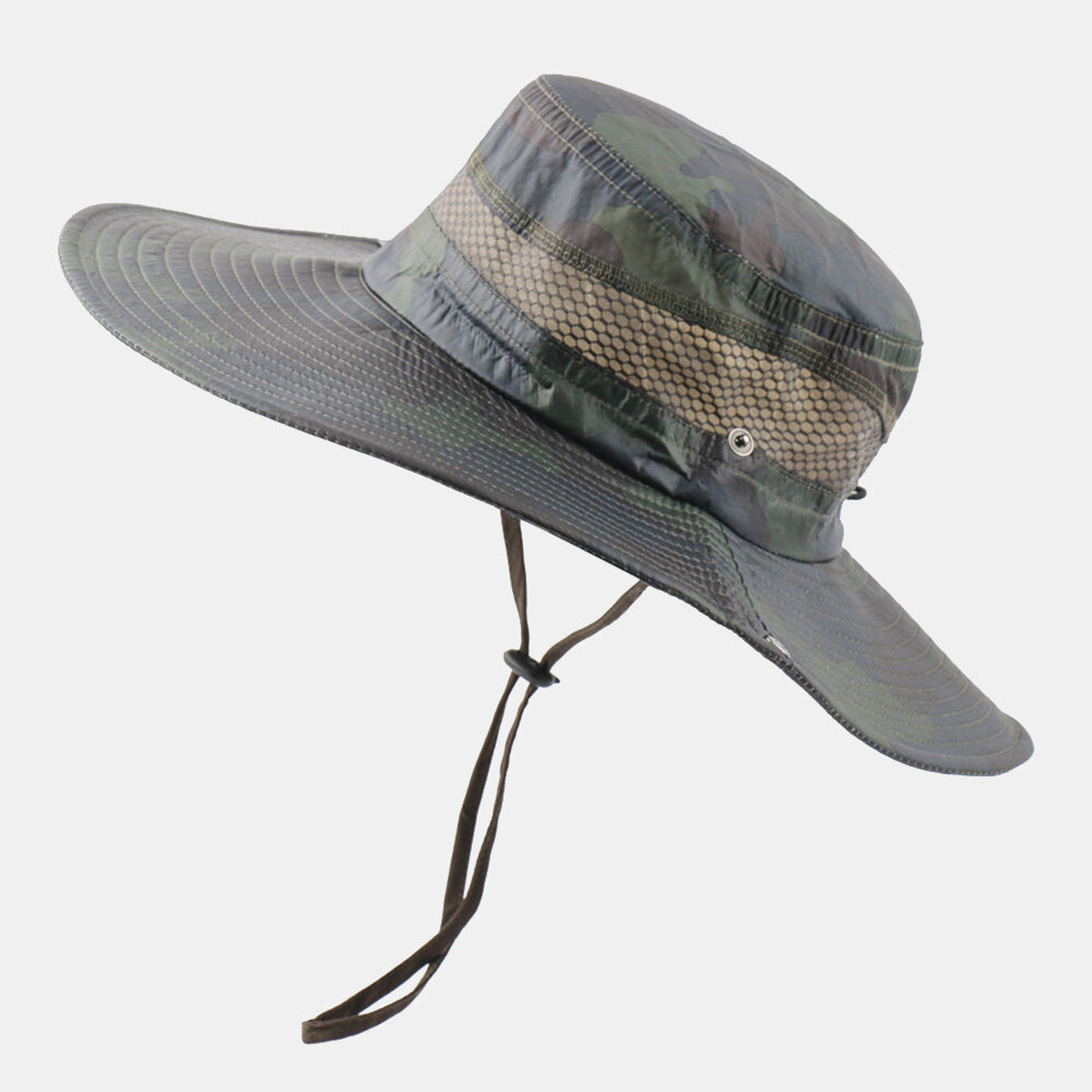 Men Bucket Hats Polyester Mesh Cloth Foldable Adjustable Breathable Digital Camouflage Big Brim Sunscreen Fishing Hat Ou