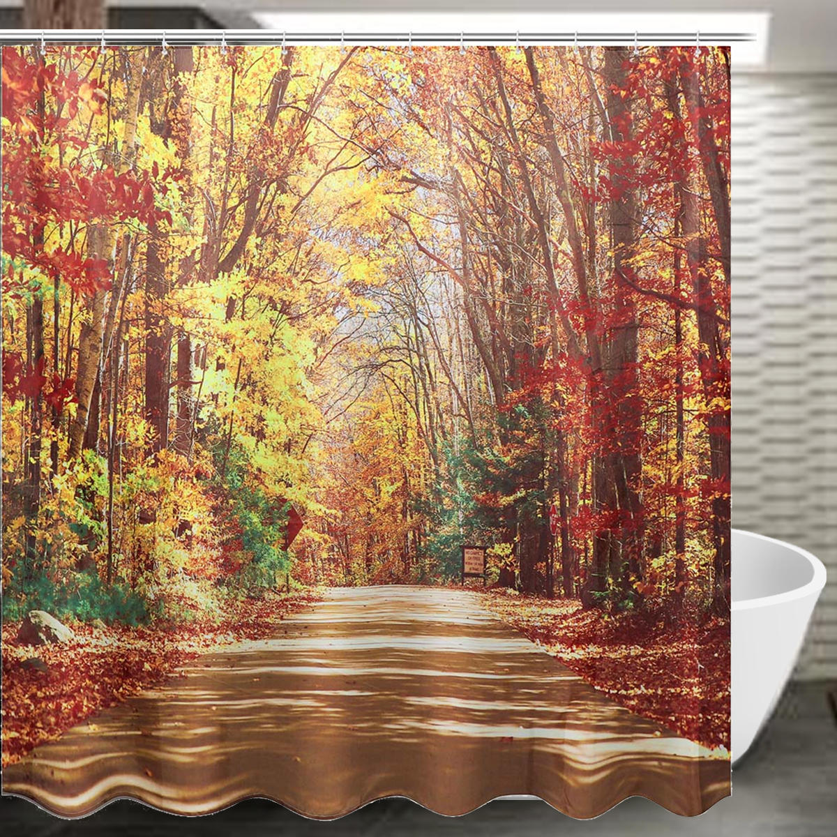 71''x71'' Autumn Leaves Pattern Waterproof Polyester Shower Curtain Bathroom Fabric with 12 Hooks
