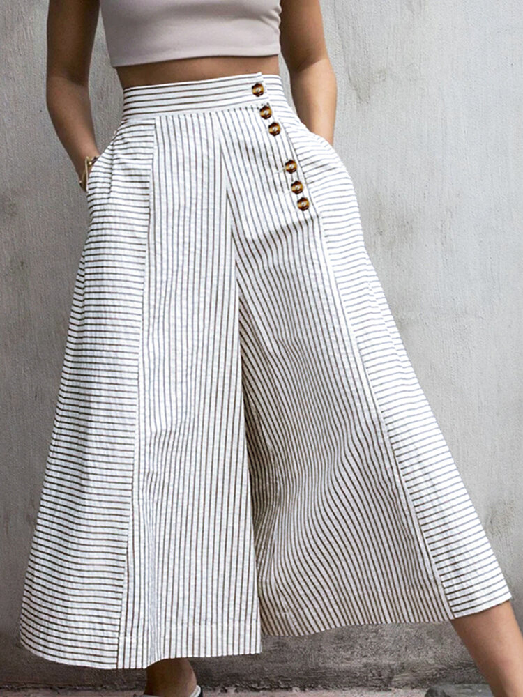 Women Striped Print Side Button Casual Stylish Loose Wide Leg Pants