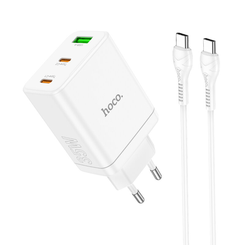 

HOCO N33 PD35W 3-Port USB PD Charger Dual Type-C+USB-A QC3.0 Fast Charging Wall Charger Adapter EU Plug with Type-C to T