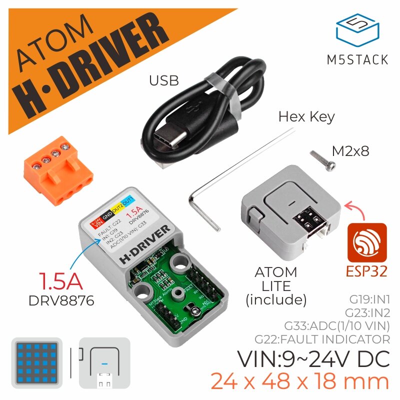 

M5Stack® ATOM H-Bridge Driver Kit DRV8876 N-channel H-Bridge Motor Driver ATOM Lite Kit DC Motor Control