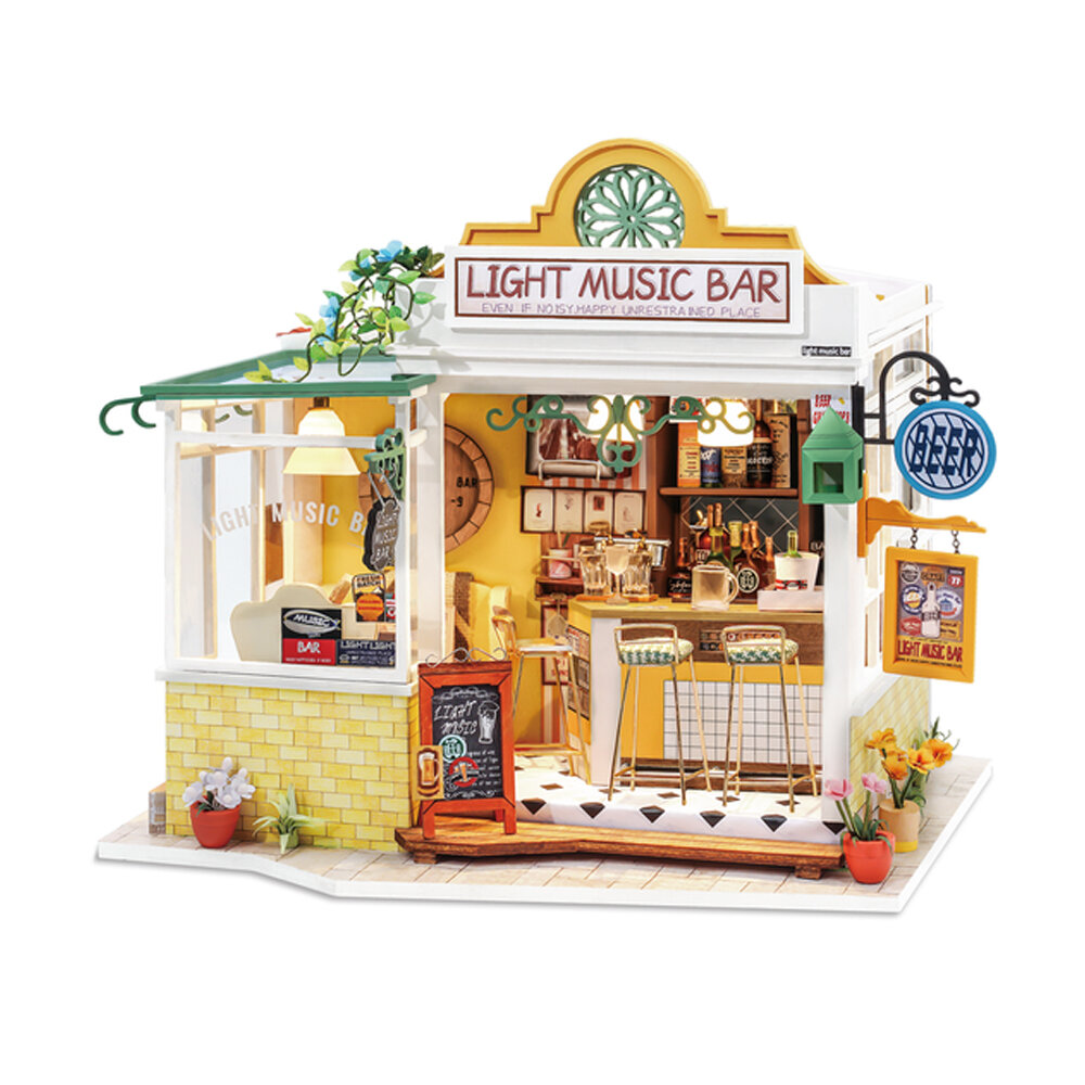 Robotime Rolife Wooden Light Music Bar DIY Handmade Miniature Doll House with Furnitures LED Lights Toys for Kids Gift