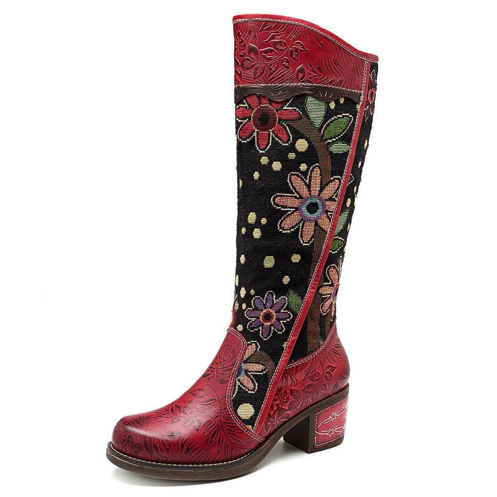 58% OFF on SOCOFY Embroidery Leather Mid Calf Boots