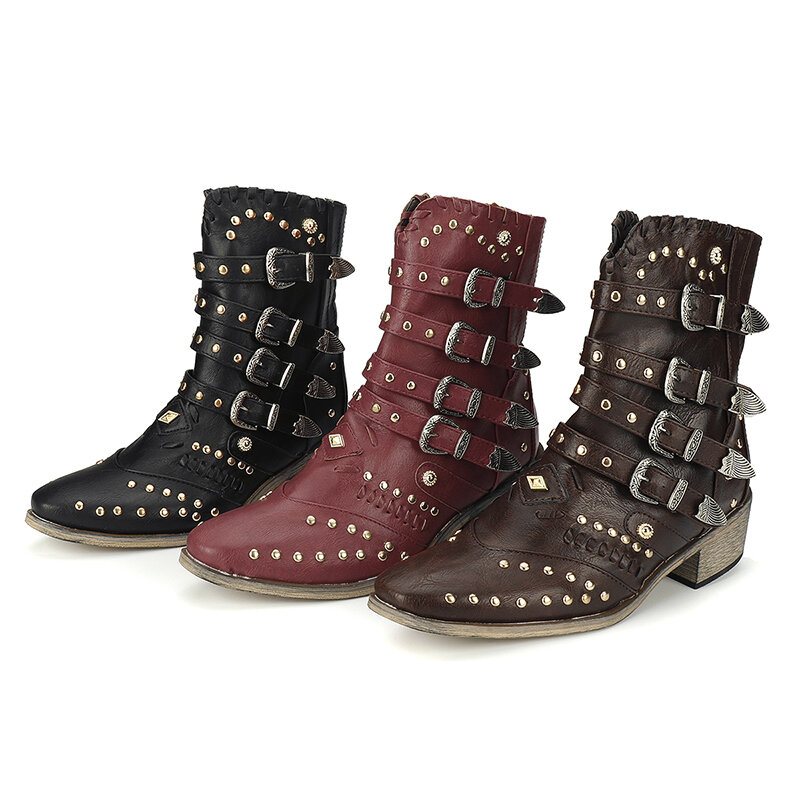 Женские зимние ковбойские сапоги-ковбойские сапоги с заклепками, женская обувь в западном стиле на низком каблуке