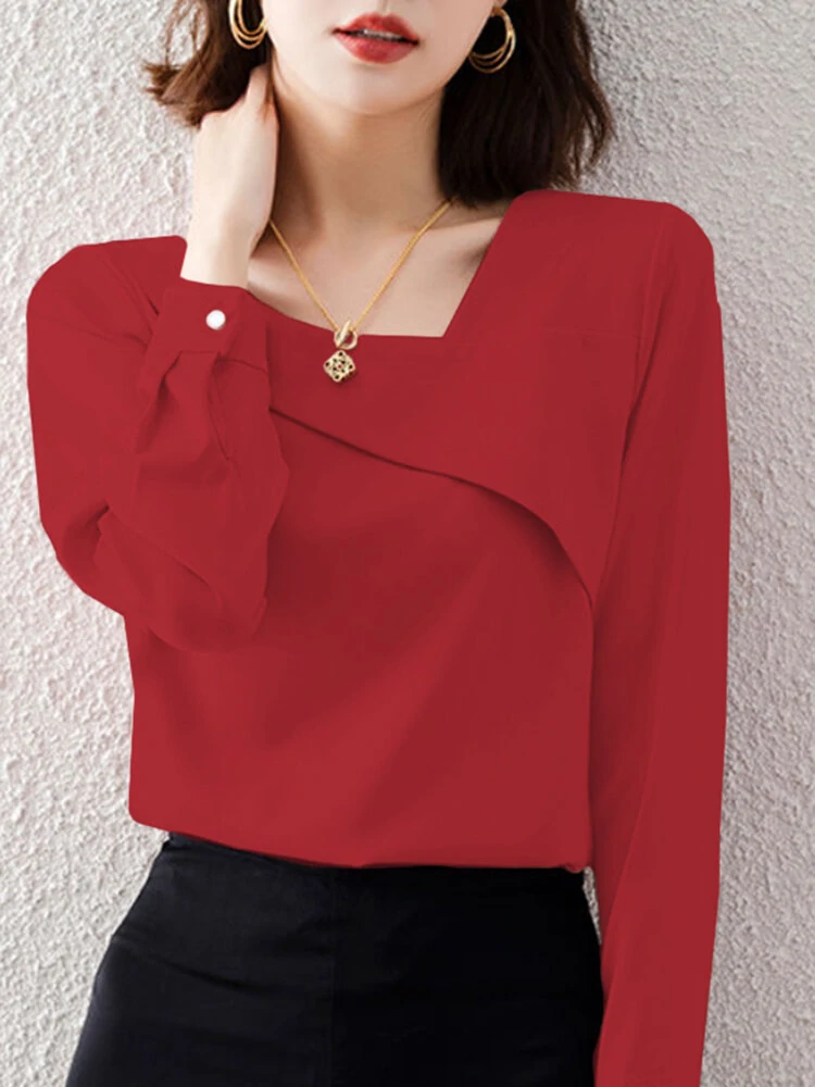 Solid asymmetrical neck long sleeve women blouse