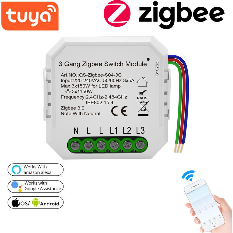 

Tuya ZB 3.0 AC 220-240V 3 Gang Switch Module Smart Home Modification Module Works with Alexa Google Home