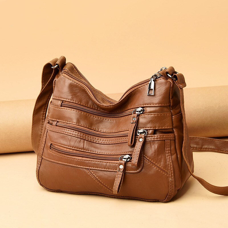Women PU Leather Retro Casual Large Capacity Multi-Pocket French Handbag Crossbody Bags