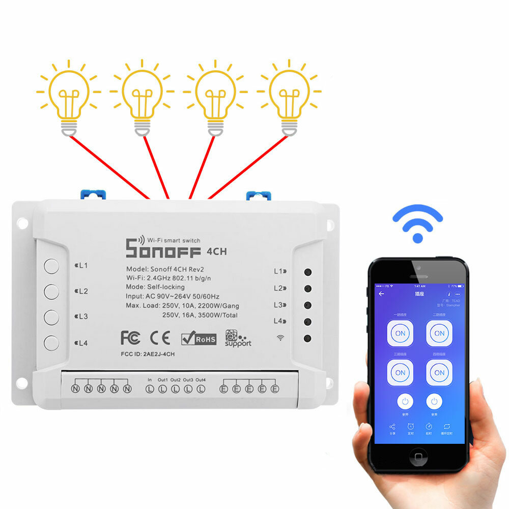 SONOFF® 4CH R2 ​​4 Canales 10A 2200W 2.4Ghz Casa inteligente WIFI interruptor inalámbrico Controlado a Distancia por APP