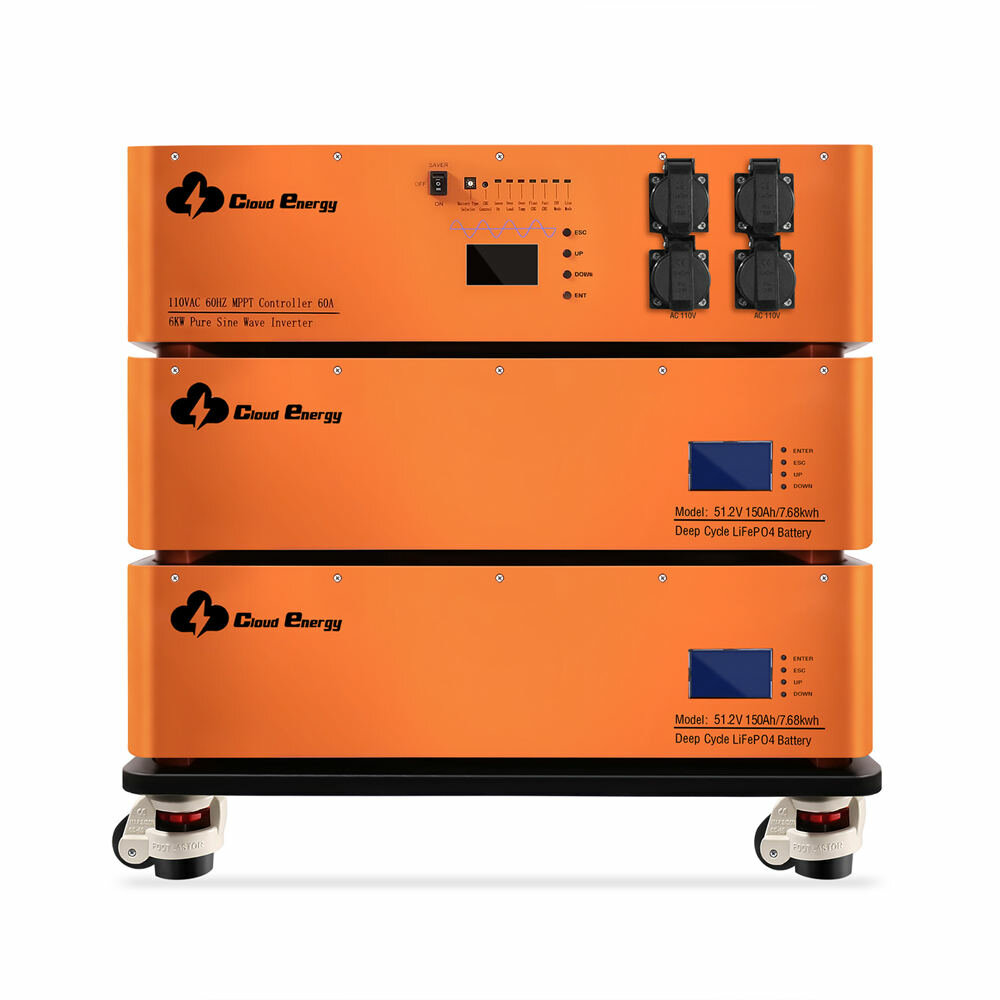 [US Direct] Batería LiFePO4 apilable de 48V 300Ah 15.36Kwh Cloudenergy con inversor de 6kw 60A MTTP y una vida útil de 10 años, perfecta para monitorear RV, energía solar, almacenamiento de energía, aventuras todoterreno y sistemas fuera de la red