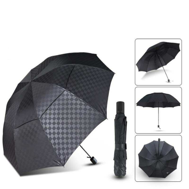 

Double Layer Embossing Windproof Three-folding Umbrella Sunny Rain Men Women 10K Business Umbrellas Dark Grid Travel Par